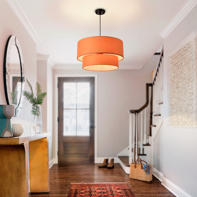 Luminaire suspendu en tissu orange à 2 niveaux Mid-Century