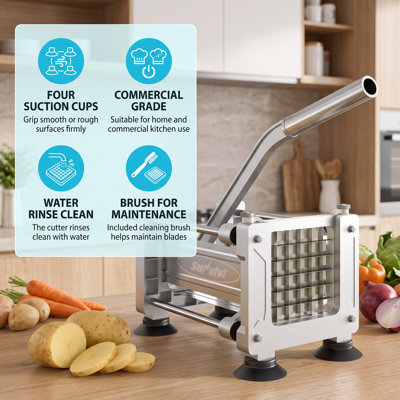 Commercial french fry cutter with 2 replaceable blades (1/2 & 3/8 inch), stainless steel potato slicer for restaurant & home kitchen