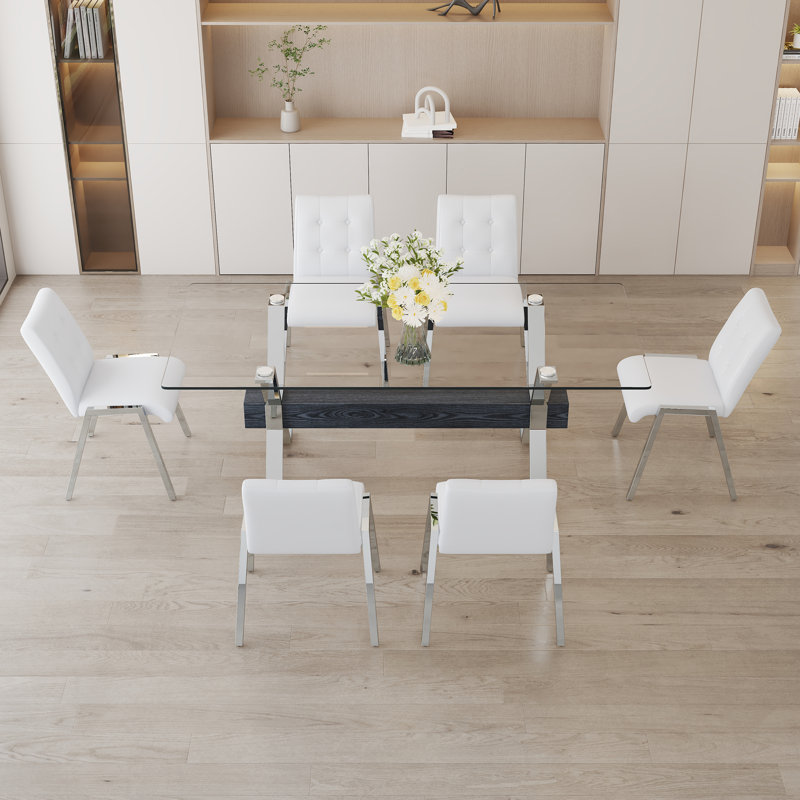 Ensemble de table de salle à manger, Blanc, 7, Argent / noir