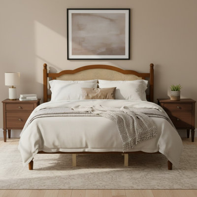 Bohemian Wooden Platform Bed With Natural Rattan Headboard And Arc Design
