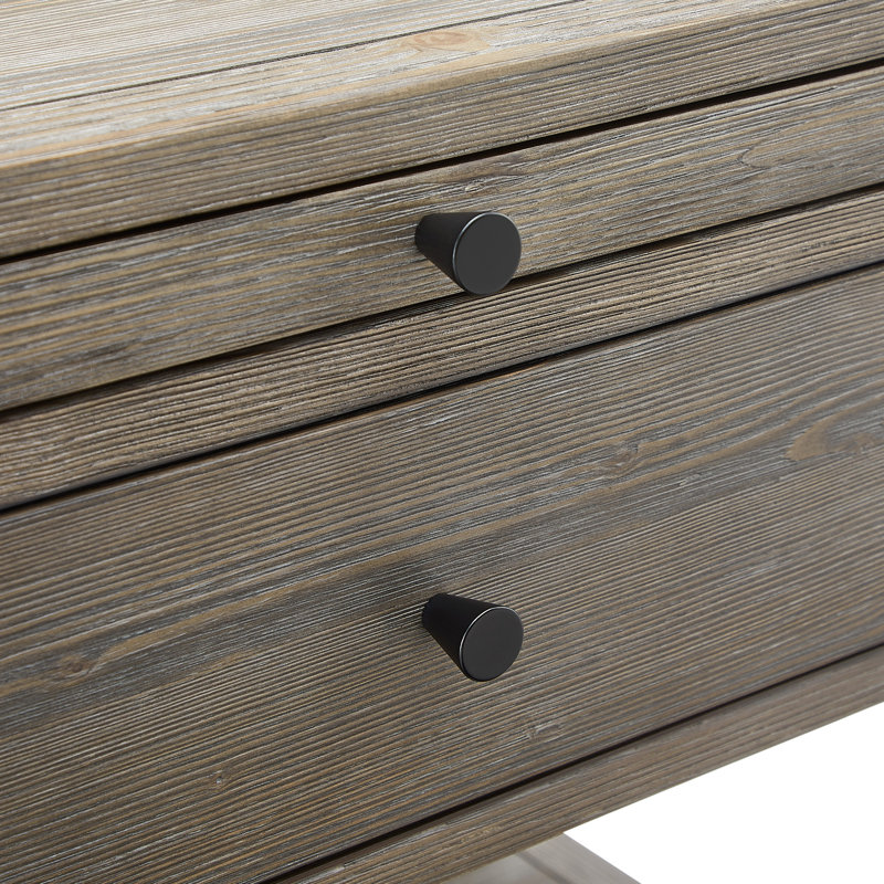 1 table de chevet de couleur grise patinée, méthode de conception de structure de tiroir française, glissières latérales en métal, poignées noires, plateau coulissant pour un espace supplémentaire, tablette ouverte, rustique décontracté côtier