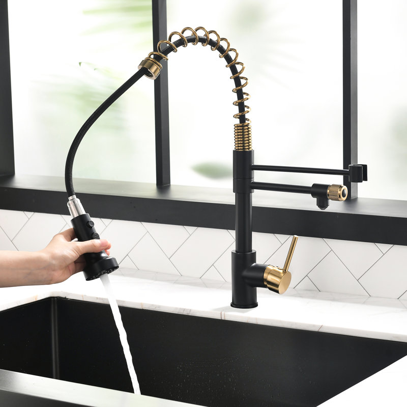 Robinet de cuisine rétractable avec filtre à eau noir et or