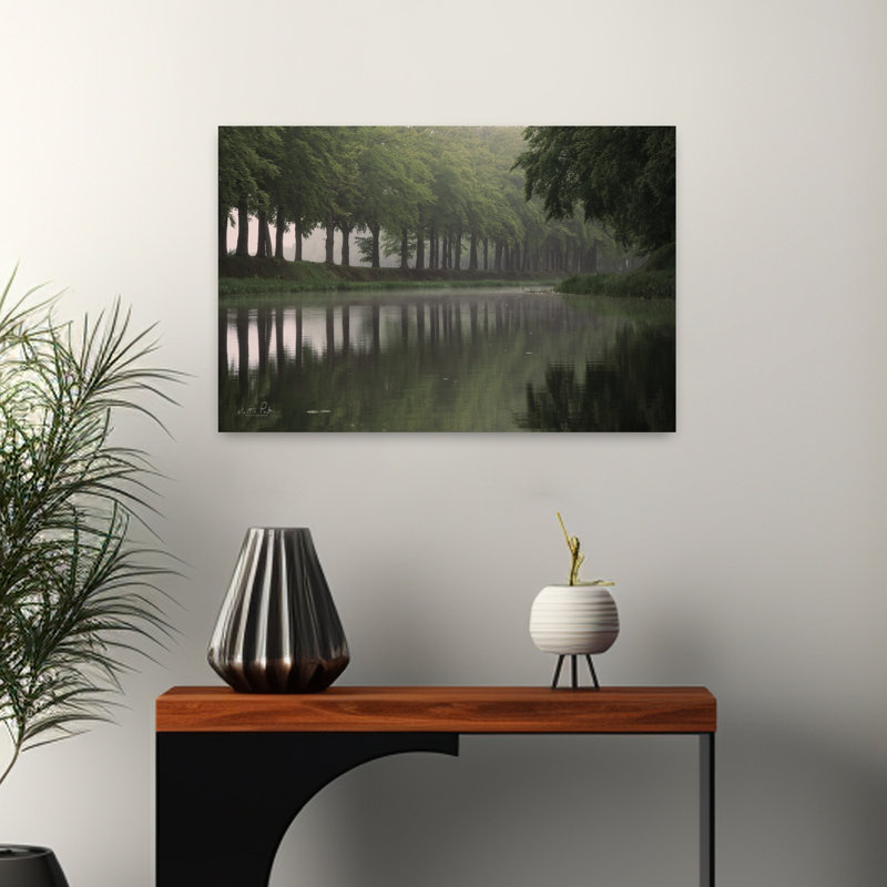 «Lakeside Tree Line», art contemporain de paysage forestier abstrait et tranquille