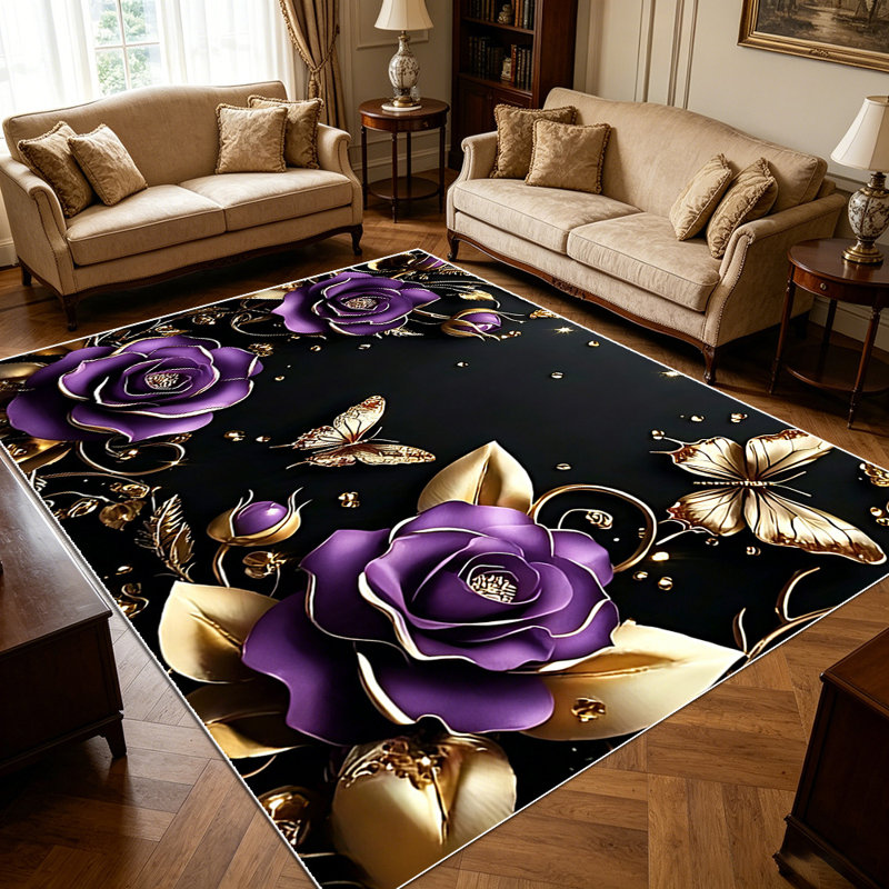 1PC vintage dark background purple gold rose butterfly floral area rugs for Living Room, Soft and Comfortable, Suitable for all seasons, easy-to-maintain, machine washable Indoor floor mat, Under Table Farmhouse suitable for dining table, bedroom,