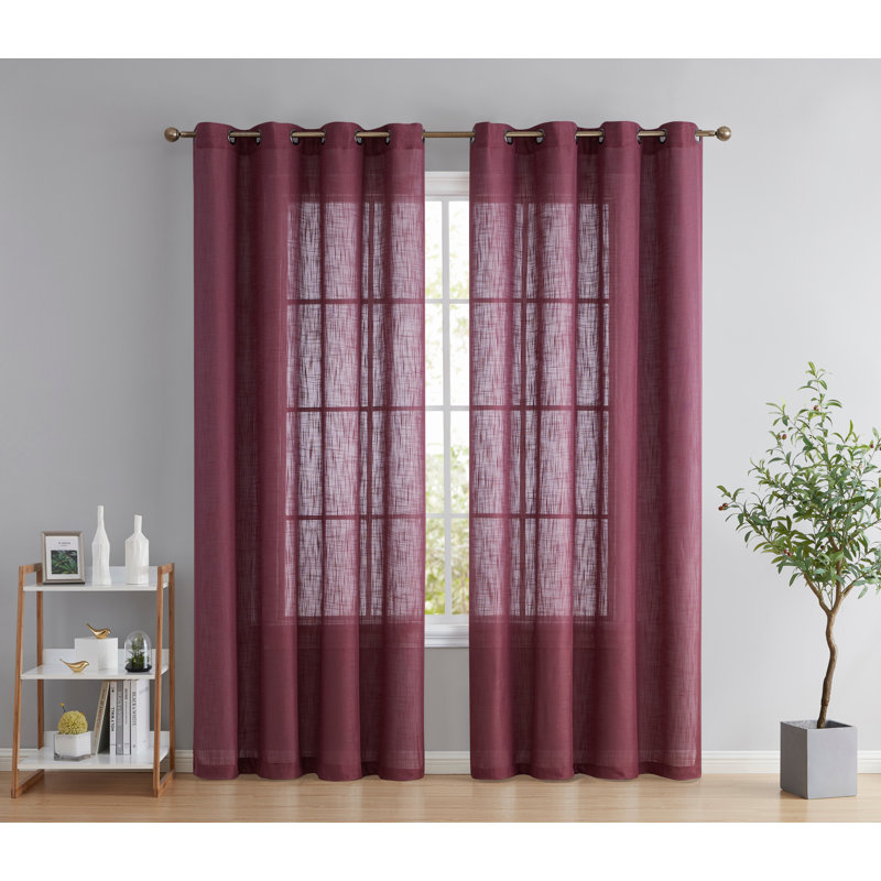 Aleksander Faux Linen Semi Sheer Grommet Curtain Pair, 54" W x 54" L, Burgundy