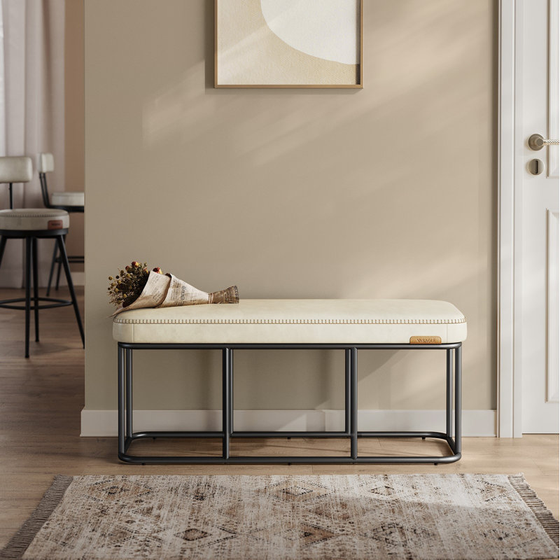 Bench For Entryway, Sitting Bench, Ottoman Benich With Steel Frame, Synthetic Leather With Stitching, Mid-Century Modern
