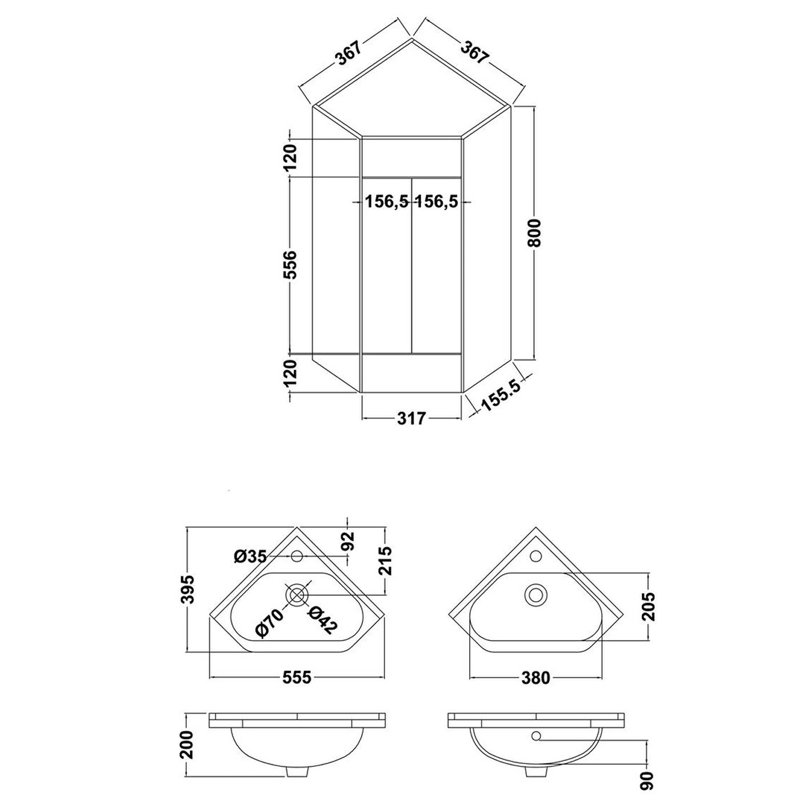 VeeBath Linx 400mm Corner Vanity Unit High Gloss White with Basin + Basin Mixer