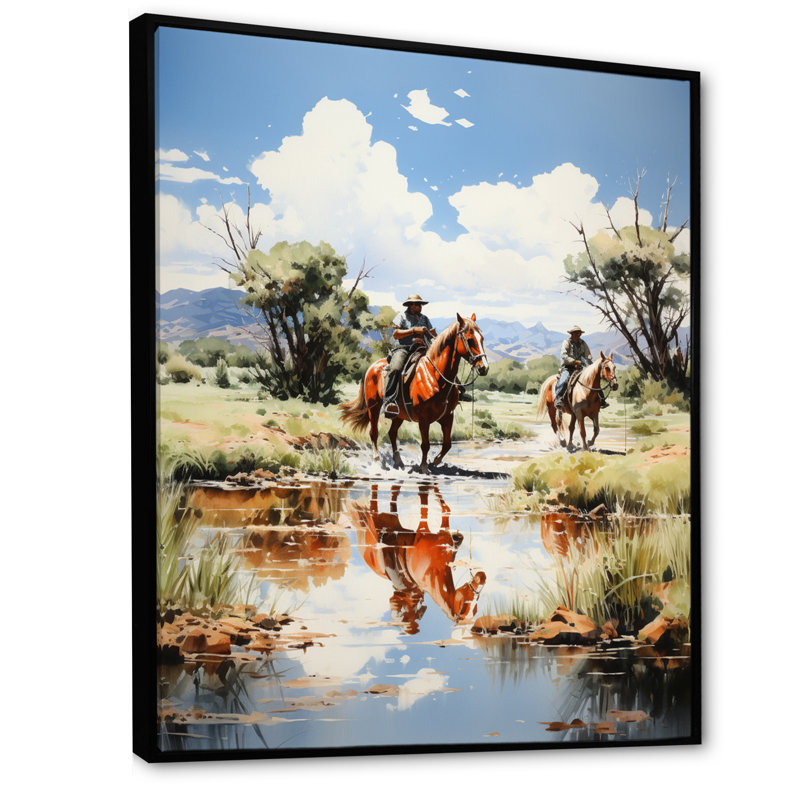 «Yeleina Cowboy Ranch Reflections Cowboys», reproduction sur toile, H 40 po x l 30 po x P 1,5 po, Cadre flottant noir