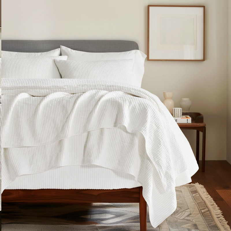 Ribbed Matelassé Cotton Coverlet Set, Queen Quilt + 2 Queen Shams, Bright White