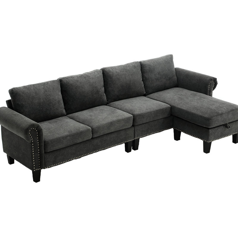 Canapé de rangement en L avec garniture cloutée, modulaire de salon moderne - 4 meubles gris, Grey