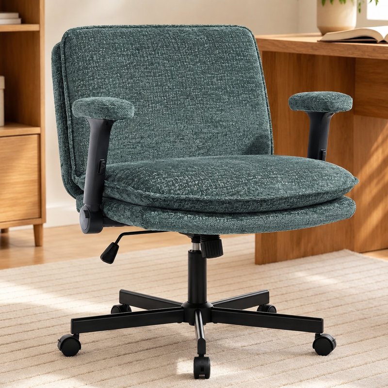 Chaise de bureau à assise croisée avec assise large, chaise de bureau en tissu Teddy à pieds croisés et accoudoirs relevables