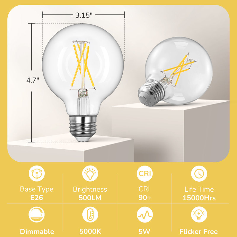 5 W, ampoule à DEL à intensité variable G45, blanc chaud E26 / culot moyen (standard) (ensemble de 6), 5000K