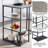 3-Piece Kitchen Bar Table Set with Grey Top, Storage Shelves & PU Leather Stools — Small Space Dining Set-2118718267