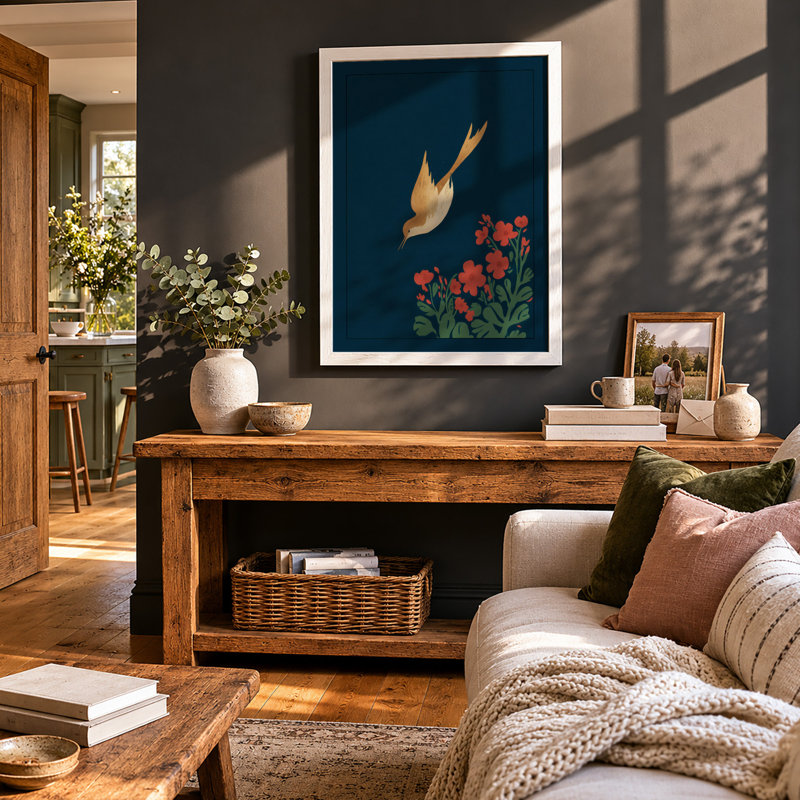 Golden Bird In Descent Botanical - Print, A3 - 42.0 x 29.7 cm, White
