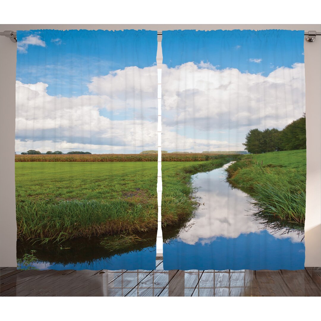 Rustikaler Vorhang, Beruhigen River Meadow Trees, Natur, Grün Weiß Blau