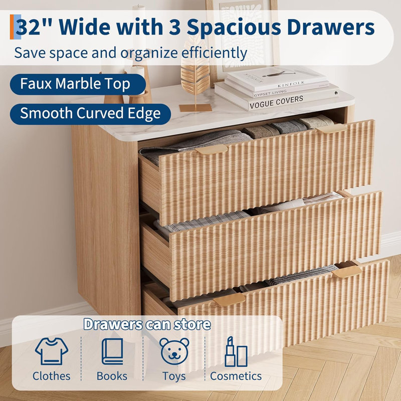 32 in Wood Fluted Nightstand with 3 Drawers and Gold Handles – Modern Bedside Table for Bedroom, Living Room, or Hallway