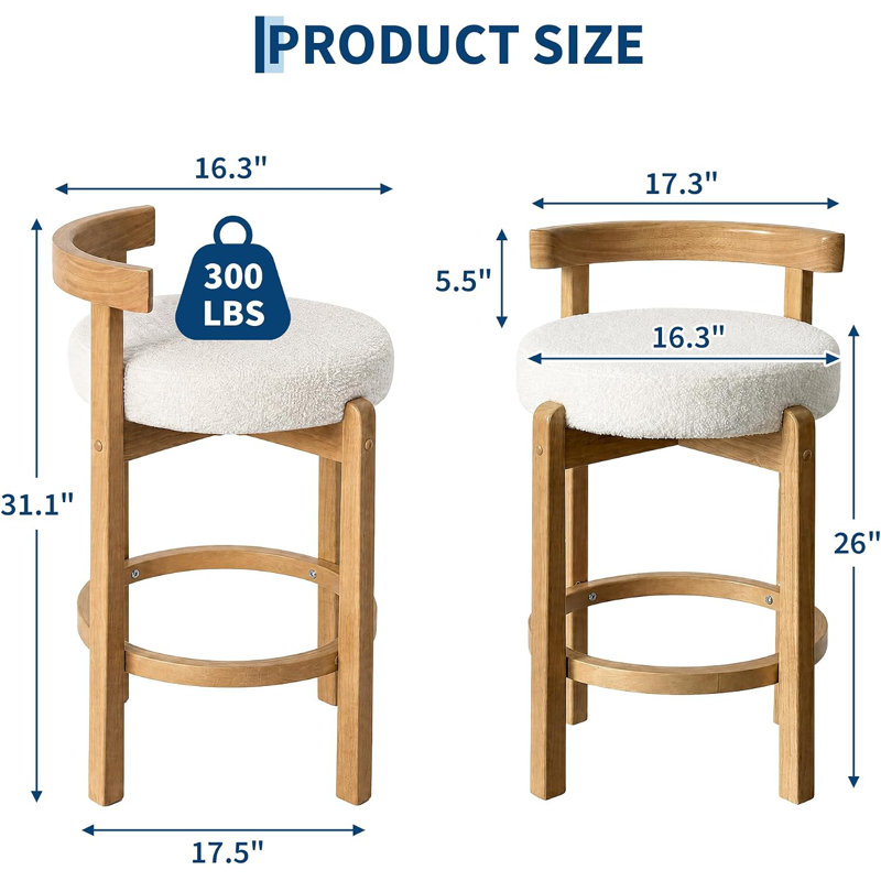 Ensemble de 2 tabourets de bar en chenille, hauteur de comptoir, pieds en bois, White/Dark Walnut