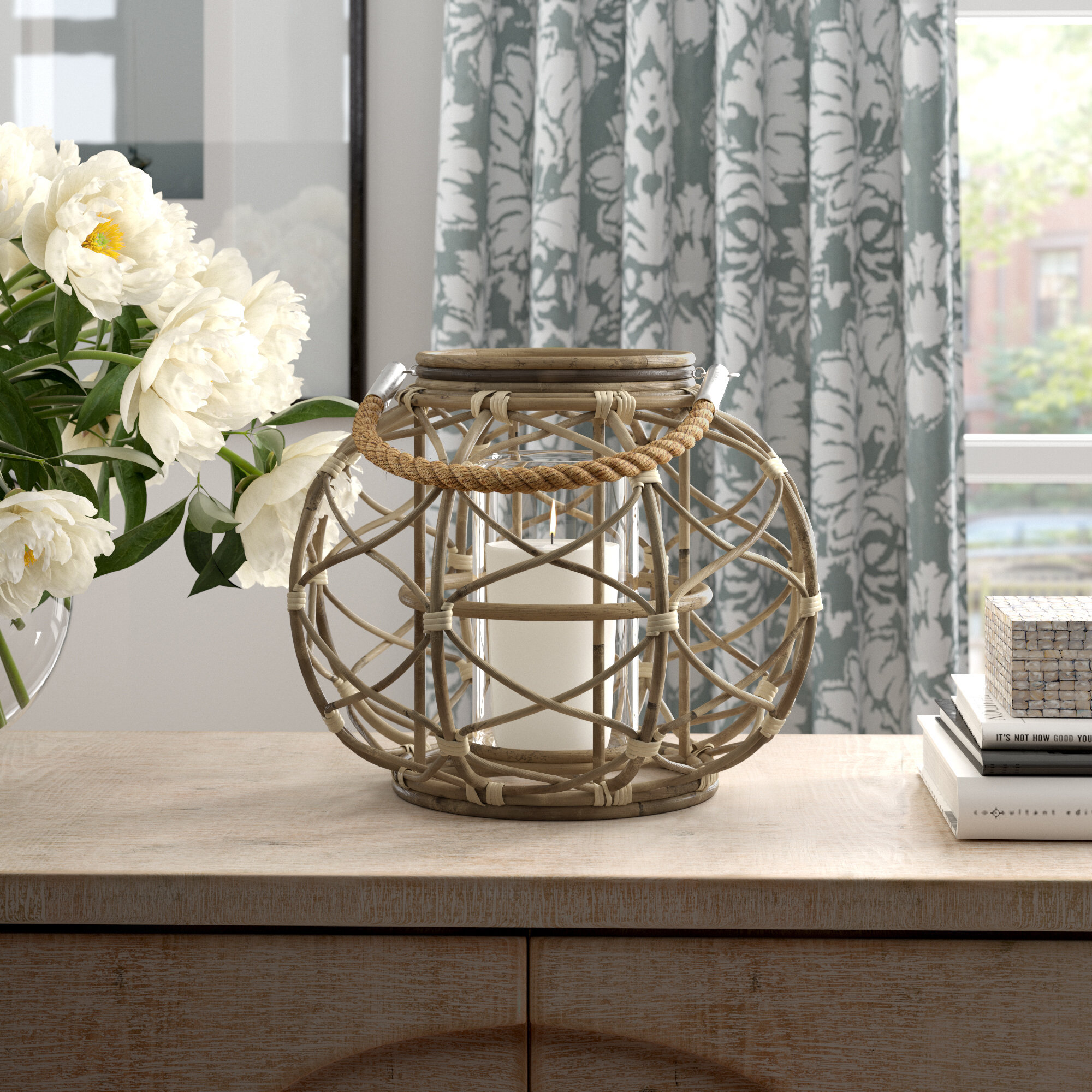 Round Rustic Woven Rattan Lantern, Brown, 10.5" H x 13" W x 13" D