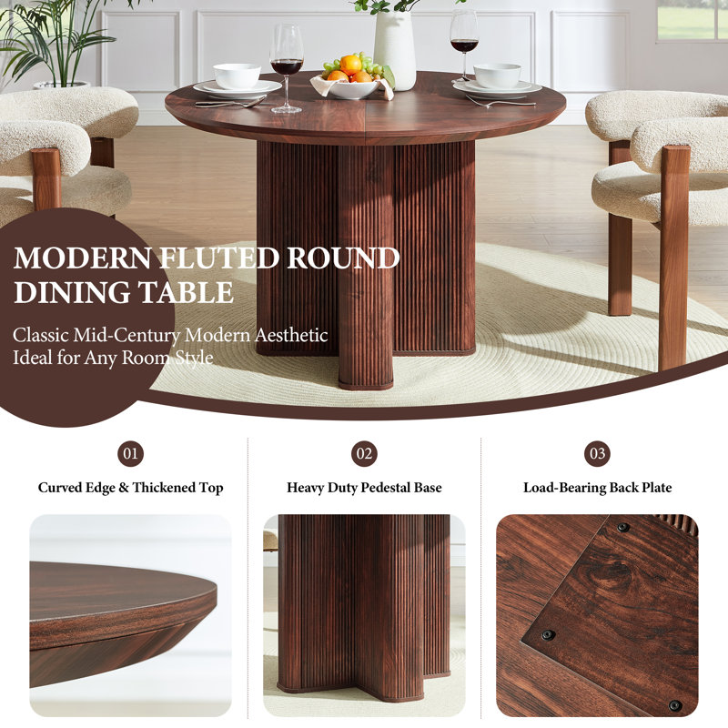 47" Fluted Round Dining Table For 6 With Thickened Edge & Sturdy Pedestal Base, Dark Walnut, Dark Walnut