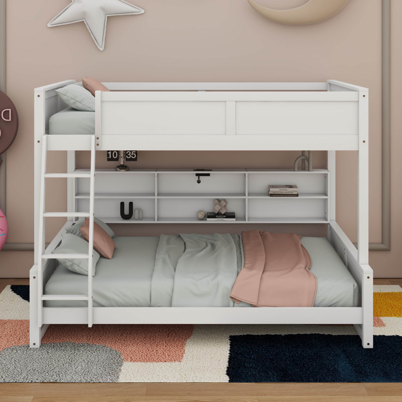 Lit superposé avec armoires de rangement et ports USB, Blanc antique, Double TG sur grand