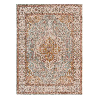 5' X 8' Orange Light Blue And Beige Oriental Area Rug