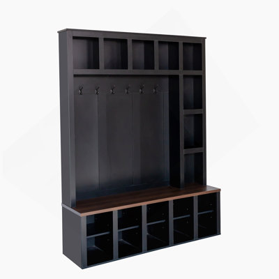 Farmhouse Wooden Hall Tree With 6 Hooks, Walnut Storage Bench With Adjustable Shelves,  4-In-1 Entryway Shoe Cabinet With Cubbies For Mudroom, Living Room, Black, 76.7"H (OLD SKU: N721S000044B)