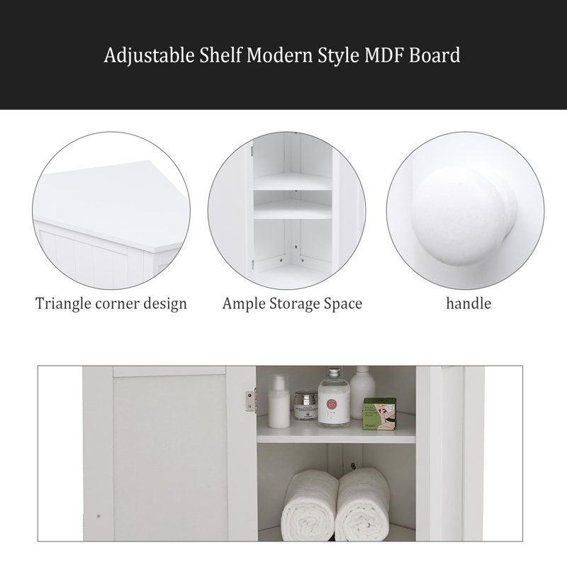 Bathroom Cabinet Triangle Corner Storage Cabinet With Adjustable Shelf Modern Style MDF Board, White