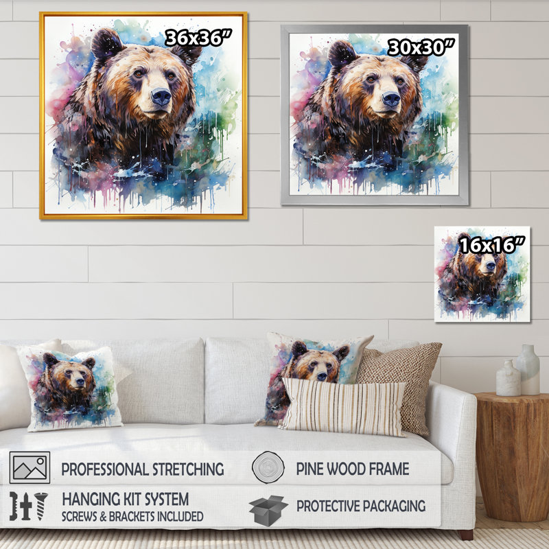 «Brown Bear Forest Wondering - Bear 2», art mural, Cadre doré simple, H 36 po x l 36 po x P 1,5 po