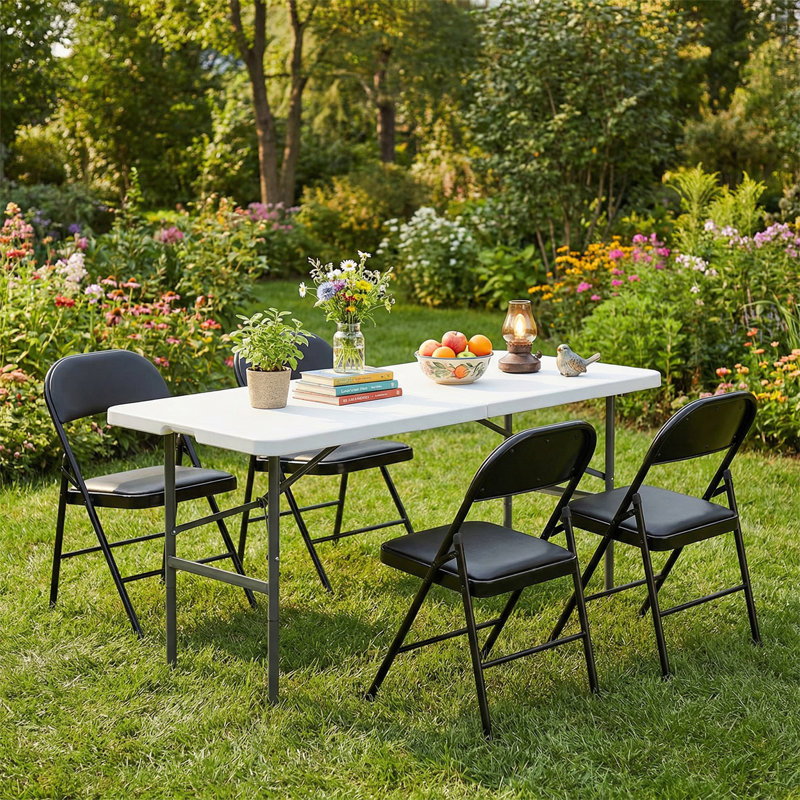 4FT Folding Table Set With 4 Chairs – Portable Foldable Furniture Set For Camping, Parties, Indoor & Outdoor Use, Black
