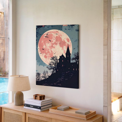 Toile, maison hantée rétro rose lune et indigo gothique, art mural, prêt à accrocher, galerie, décoration moderne