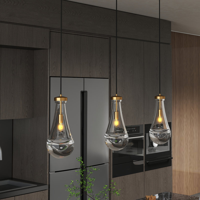 1-Light Adjustable Height Hanging Pendant Light with Hand-Blown Raindrop Glass Shades, Gold