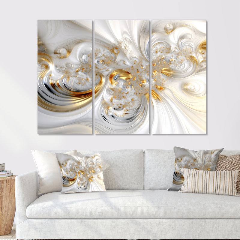 «Whirling River Dynamics Gold and White II - Abstract Spirals», ensemble d'art mural, Toile tendue
