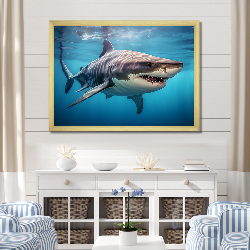 Tiger Shark Territory III - Shark Framed Wall Art, Gold Single Picture Framed, 34" H x 44" W x 1.5" D