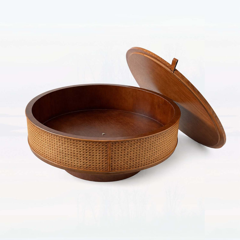 Table basse ronde en noyer brun avec couvercle amovible, conception de tambour en osier de rotin pour les salons Boho Farmhouse