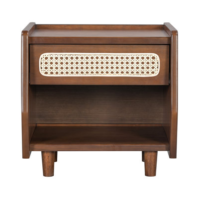 Walnut Nightstand with Rattan Detail, MDF + Solid Wood, Modern Bedroom Storage, Open Shelf & Drawer, Indoor Furniture