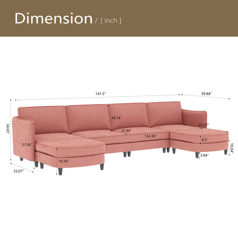 Canapé de 141,5 pouces à 6 places de 141,5 po, canapés en U avec repose-pieds mobile, accoudoirs avec poches, canapés modernes en tissu pour le salon, appartement, bureau
