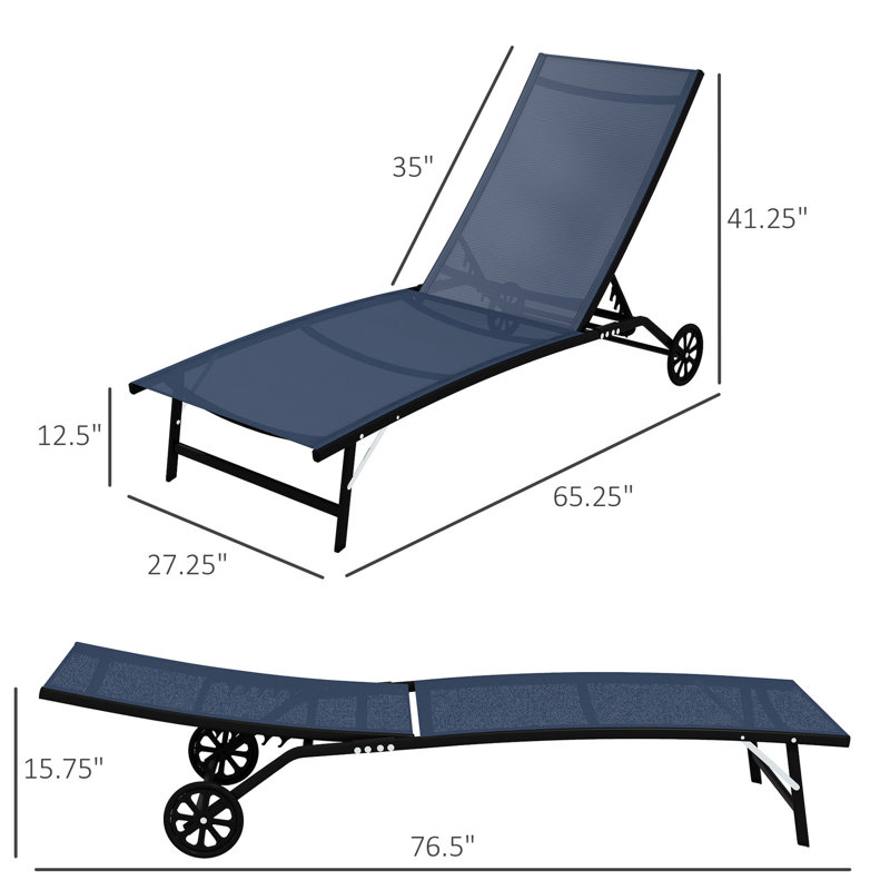 Méridienne de patio avec roulettes, 5 positions réglables, bleu foncé pour la plage, la cour, la piscine 2pce