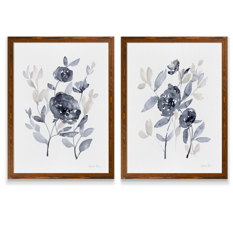 Pivoines en gris - ensemble de 2 reproductions d'art encadrées, H 20 po x l 16 po, Toile encadrée, Espresso