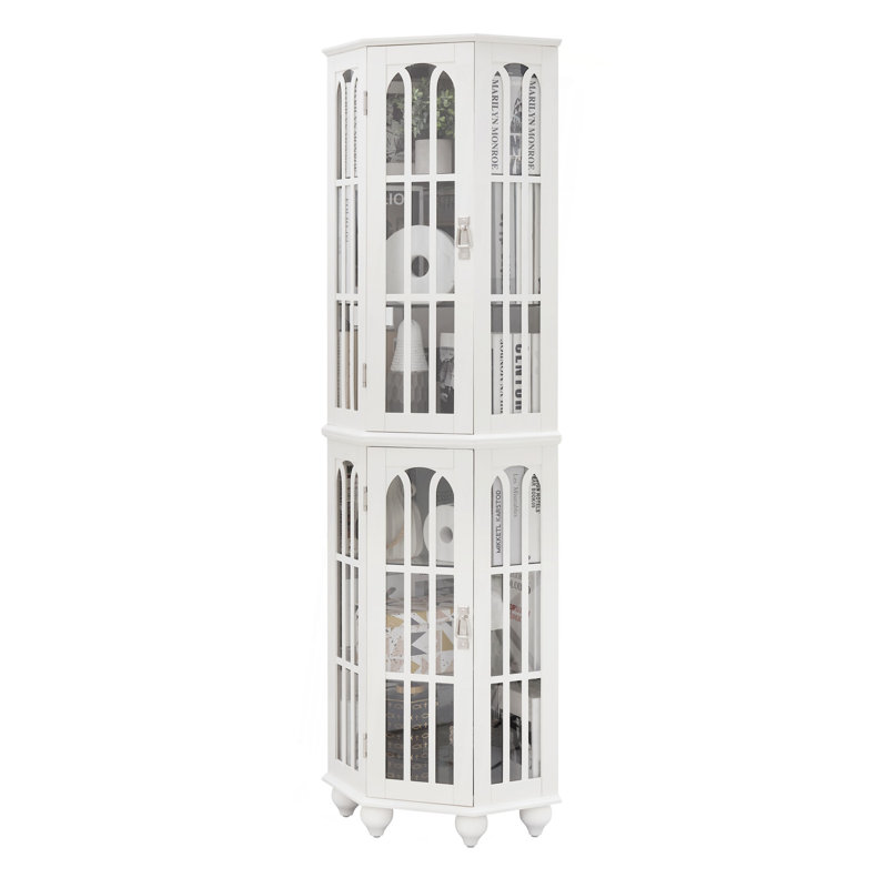 Corner Curio Cabinet With 4 Adjustable Tempered Glass Shelves And Lighting System, Solid Wood Legs,Acrylic Mirrored Back Panel(E26 Light Bulb Not Included)