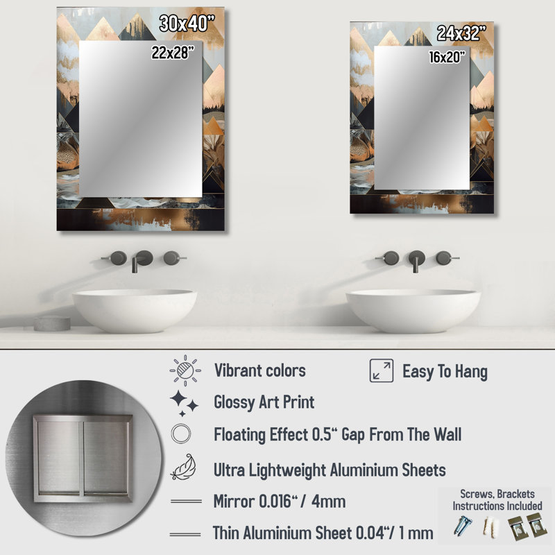 Black And Gold Geometric Horizons - City Large Mirror, Black Decorative Wall Mirror, Printed Metal Art, 40" x 30"