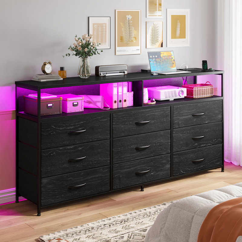 55” W 9 Drawer Dresser With 2-tier Open Shelf, Bedroom Dresser With Power Outlet & Led Light, Black