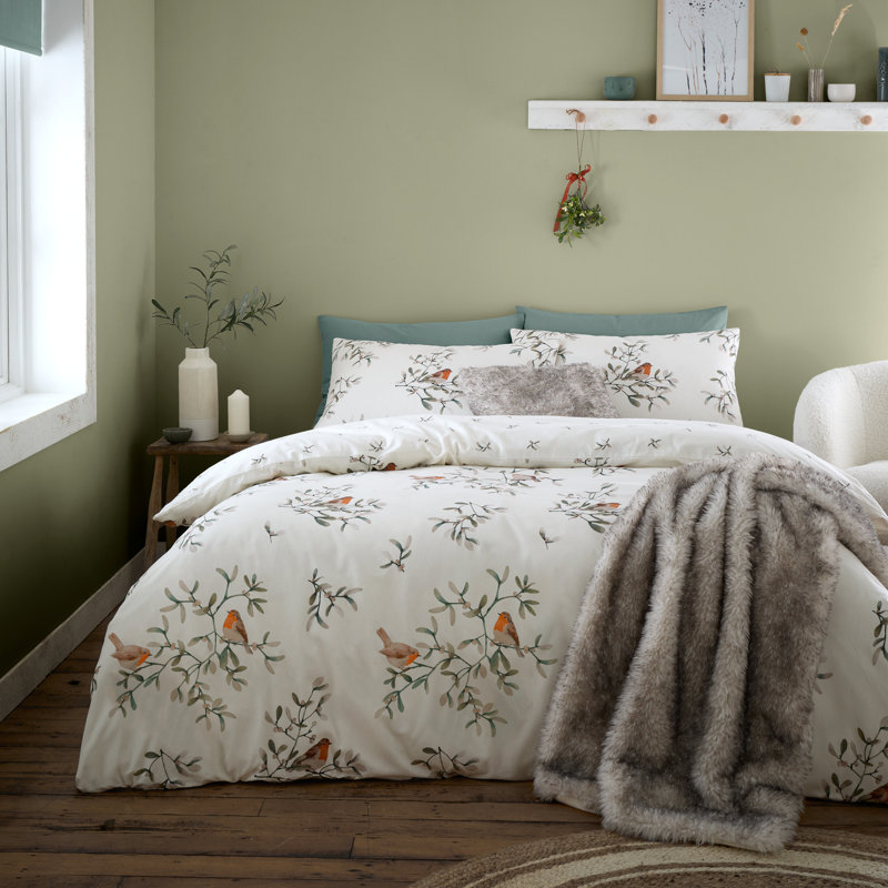 Brushed Mistletoe Robins Cotton Reversible Duvet Cover Set, King Duvet Cover + 2 Standard Pillowcases