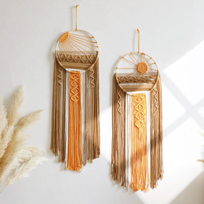 2 Pack Macrame Sun Wall Decor Set - Hand Woven Sunrise Sunset Boho Hanging Tapestry Wall Art, Orange Brown Rustic Dream Catcher Home Decor For Bedroom Living Room Nursery