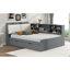 Structure de lit double en bois gris avec lit gigogne, plateau de rangement rotatif et tête rembourrée avec tablettes