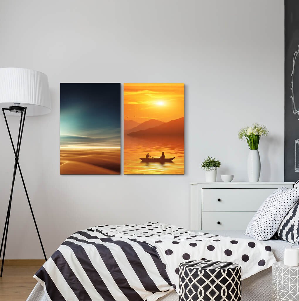 2-tlg. Leinwandbilder-Set - Fotografie „Desert Sahara Boat Lake Lake Mountains Sunset Idyllic”