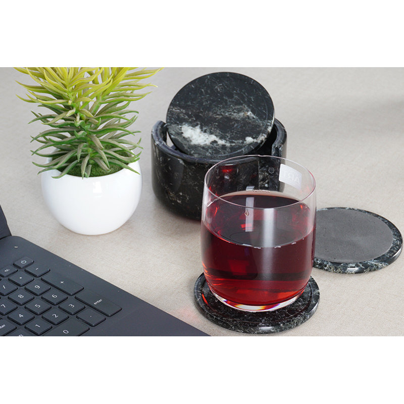 Ensemble de sous-verres ronds noirs faits à la main avec support (ensemble de 6), Noir