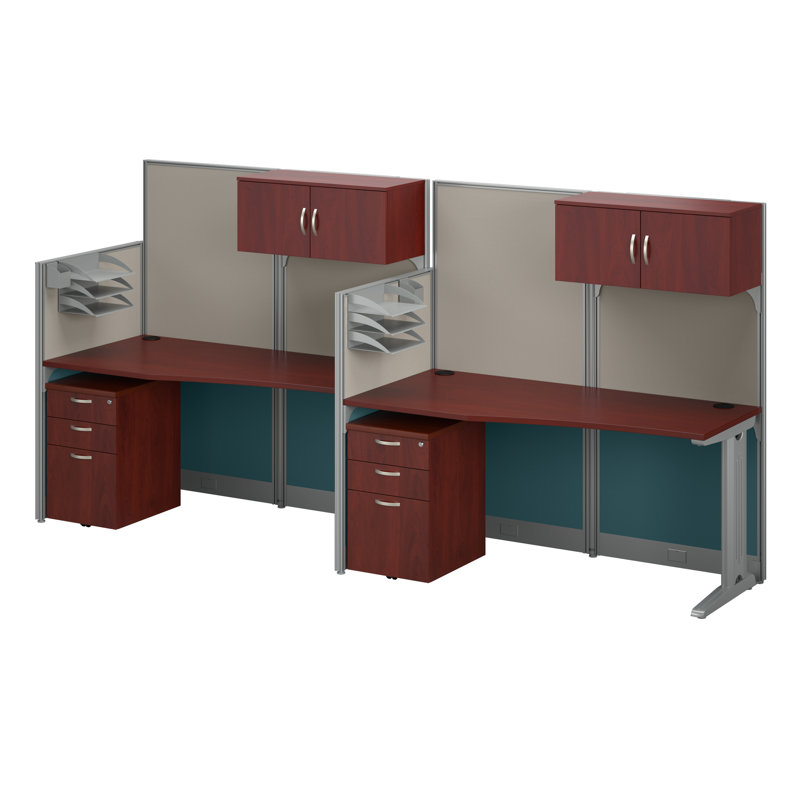 BBF Office In An Hour 2 Person Straight Cubicle Desks with Storage, Drawers, and Organizers, Hansen Cherry