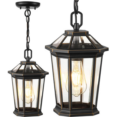 Aluminum Frame Tempered Glass Outdoor Porch Pendant Light Adjustable Chain E26 Hanging Lamp