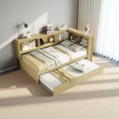 Lit de jour simple avec lit gigogne, armoires de rangement et ports USB