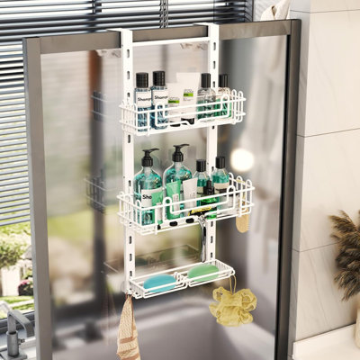 Serviteur de douche au-dessus de la porte avec 16 crochets et 2 porte-savons, organisateur de salle de bain réglable sans perçage avec acier inoxydable antirouille et conception à drainage rapide